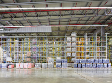 An interior photo of racks and pallets of goods at Prologis Eskilstuna DC1