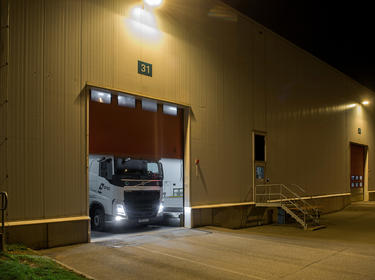 An exterior shot of a truck exiting a truck bay at Prologis Gothenburg Park DC1